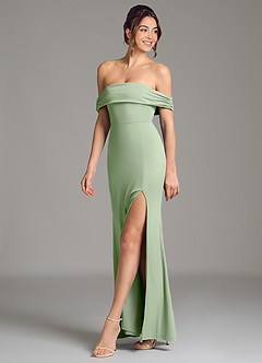 Azazie Evangelia Robes de demoiselle d'honneur Robe Sirène en Jersey extensible de qualité supérieure Épaules dénudées Vert Sauge image3