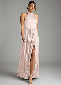 Azazie Zienna 신부 들러리 드레스 A라인 주름진 스트레치 새틴 바닥 길이 드레스 image4