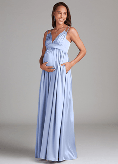 Azazie Emree Maternity Bridesmaid Dresses A-Line Stretch Satin Floor-Length Dress with Pockets image3