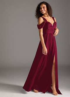 Azazie Lianne Robes de demoiselle d'honneur Robe Trapèze en Satin extensible Épaule décolletée Bourgogne image6