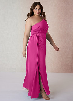 Azazie Mika Vestidos de damas de honor Vestido de Fucsia de Satén Elástico de Corte Recto con Hombro unilateral image10