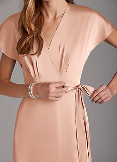 Azazie Nico Bridesmaid Dresses Rose Gold A-Line V-Neck Stretch Satin Dress image7
