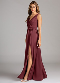Azazie Tanicia Bridesmaid Dresses Merlot A-Line Pleated Stretch Satin Dress image5