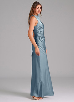 Azazie Evadne Bridesmaid Dresses Dusty Blue Sheath Pleated Stretch Satin Dress image4