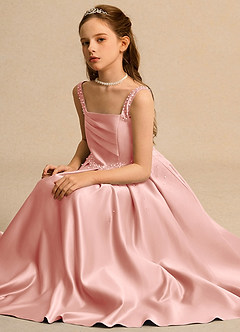 Azazie Mochi Girl Jurken voor bloemenmeisjes Baljurk Jurk van Mat Satijn Geplooid Rozet image3