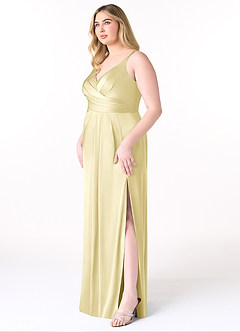 Azazie Aqua Bridesmaid Dresses Lemon Sorbet A-Line V-Neck Pleated Stretch Satin Dress image10