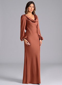 Azazie Rylina Bridesmaid Dresses Clay Mermaid Long Sleeve Stretch Satin Dress image3