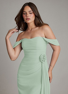 Azazie Ezria At-home Try On Dresses Agave A-Line Off the Shoulder Chiffon Dress image4