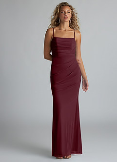 Azazie Teyana Final Sale Burgundy Sheath Square Neckline Pleated Mesh Dress image1