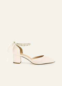 front Matching Color Matte Satin Pearl and Bow Pointed Toe Block Heels