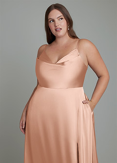 Azazie Sarella Vestidos de damas de honor Vestido Oro Rosa de Satén Elástico de Línea A con Plisado image8