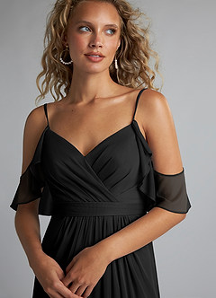 Azazie Fiena Final Sale Black A-Line V-neck Ruched Mesh Dress image6