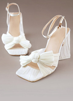 front White Pleated Chiffon Bow Mid-Heel Sandals