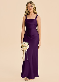 Azazie Agustina Junior Grape Sheath Pleated Stretch Satin Dress image4