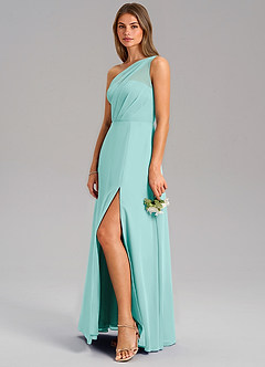 Azazie Phaedra Bridesmaid Dresses Aqua A-Line One Shoulder Chiffon Dress image13