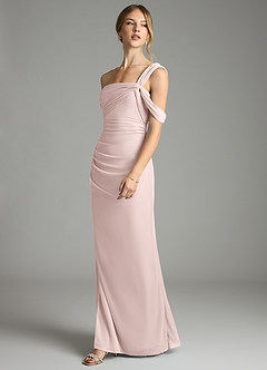 Azazie Tati Final Sale Blushing Pink Sheath Off the Shoulder Mesh Dress image4