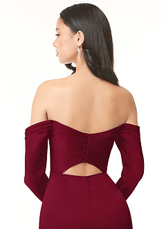 Azazie Hallie Bridesmaid Dresses Burgundy Sheath Off-The-Shoulder Long Sleeve Stretch Satin Convertible Dress image7