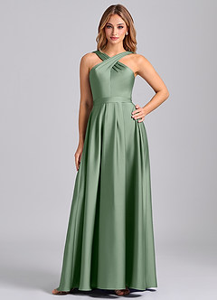 Azazie Dixie Vestidos de damas de honor Vestido de Matcha de Satén Elástico de Corte en A con Plisado image1