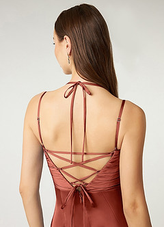 Azazie Desi Bridesmaid Dresses Terracotta Sheath Halter Corset Stretch Satin Dress image3