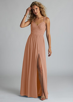 Azazie Aziza Bridesmaid Dresses Champagne Rose A-Line V-Neck Pleated Chiffon Dress image2