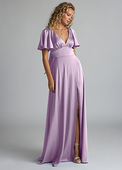 Azazie Kimber Bridesmaid Dresses Frosted Lilac A-Line Ruched Stretch Satin Dress image4