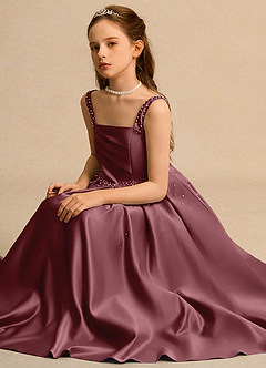 Azazie Mochi Girl Jurken voor bloemenmeisjes Baljurk Jurk van Mat Satijn Geplooid Woestijnroos image3