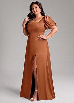 Azazie Fyona Bridesmaid Dresses Copper A-Line Pleated Stretch Satin Dress image12