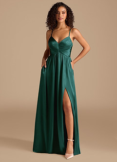 Azazie Alia Bridesmaid Dresses Pine A-Line Pleated Metallic Satin Dress image1