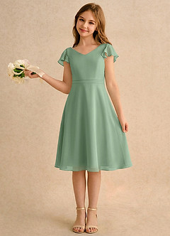 Azazie Narin Girls Formal Robe Demoiselle D'honneur Fillette Robe Trapèze en Mousseline de soie avec manches Matcha image1