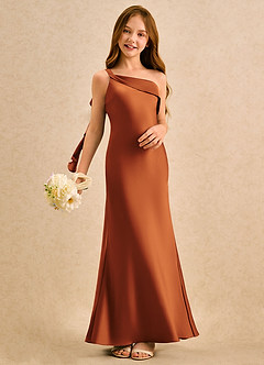 Azazie Almond Girls Formal Robe Demoiselle D'honneur Fillette Robe Fourreau en Satin extensible Une épaule Cannelle image2