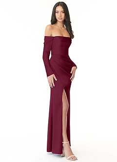 Azazie Hallie Bridesmaid Dresses Mulberry Sheath Off-The-Shoulder Long Sleeve Stretch Satin Convertible Dress image5
