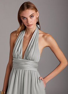 Azazie Oli Final Sale Silver Pleated Stretch Satin Jumpsuit image6