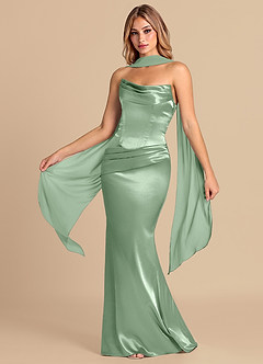 Azazie Sorrel Robes de demoiselle d'honneur Robe Sirène Convertible en Satiné métallisé Corset Matcha image1