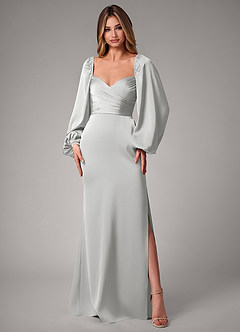 Azazie Sonata Bridesmaid Dresses Silver Sheath Long Sleeve Stretch Satin Convertible Dress image3