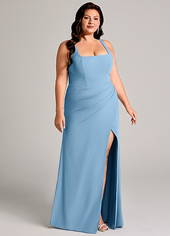 Azazie Mero Jurken voor bruidsmeisjes Jurk van Chiffon met Kolom Geplooid Staal Blauw image13