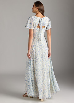 Azazie Kimber Bridesmaid Dresses Blue And White Ditsy Floral A-Line Flounce Sleeve Chiffon Dress image7
