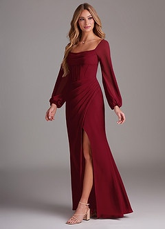Azazie Charissa Bridesmaid Dresses Burgundy Sheath Long Sleeve Chiffon Dress image4