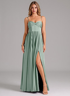 Azazie Akiko At-home Try On Dresses Agave A-Line Sweetheart Neckline Stretch Satin Dress image1