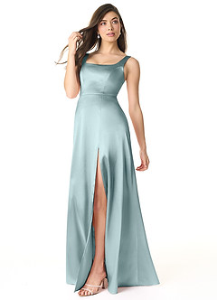 Azazie Joyce Bridesmaid Dresses Mist A-Line Side Slit Metallic Satin Dress image3