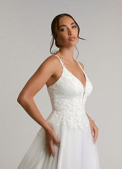 Azazie Devi Wedding Dresses Diamond White A-Line V-Neck Lace Tulle Dress image7