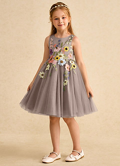 Azazie Prima Flower Girl Dresses Taupe A-Line Bow Tulle Dress image5