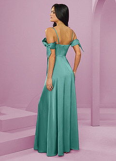 Barbie ♥ Azazie Bridesmaid Dresses Aqua A-Line Off the Shoulder Stretch Satin Dress image9