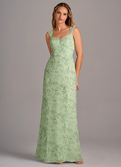 Azazie Denice Abiti da Damigella Abito Tubino in Chiffon a Pieghe Green Fern Floral image3