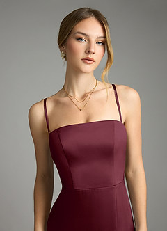 Azazie Wren Vestidos de damas de honor Vestido de Cabernet de Satén Elástico de Corte en A Convertible con Sin tirantes image3