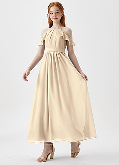 Azazie Chaya Junior Champagne A-Line Off the Shoulder Chiffon Dress image5