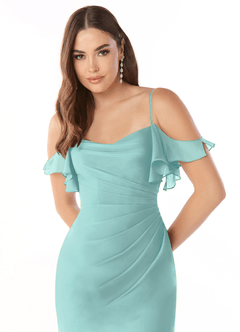 Azazie Emeralda Bridesmaid Dresses Aqua Sheath Off the Shoulder Chiffon Dress image6