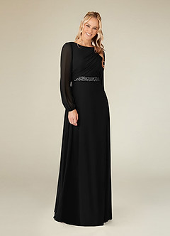 Azazie Priyanka Mother of the Bride Dresses Black A-Line Boatneck Pleated Chiffon Dress image1