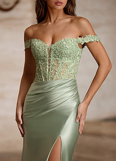 Wrentino Light Green Embroidered Appliqué Satin Prom Dress image4