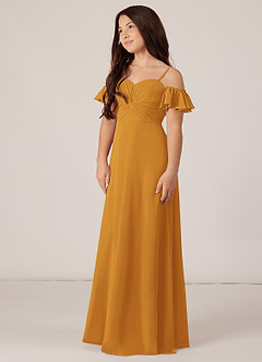 Azazie Juna Junior Robe Trapèze en Mousseline de soie Épaule décolletée Caramel écossais image3