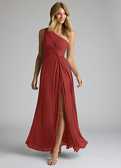 Azazie Brooke Bridesmaid Dresses Rust A-Line One Shoulder Mesh Dress image2